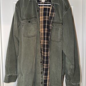 L.L. Bean Olive Green Shirt Jacket with Tan & Navy Plaid Lining